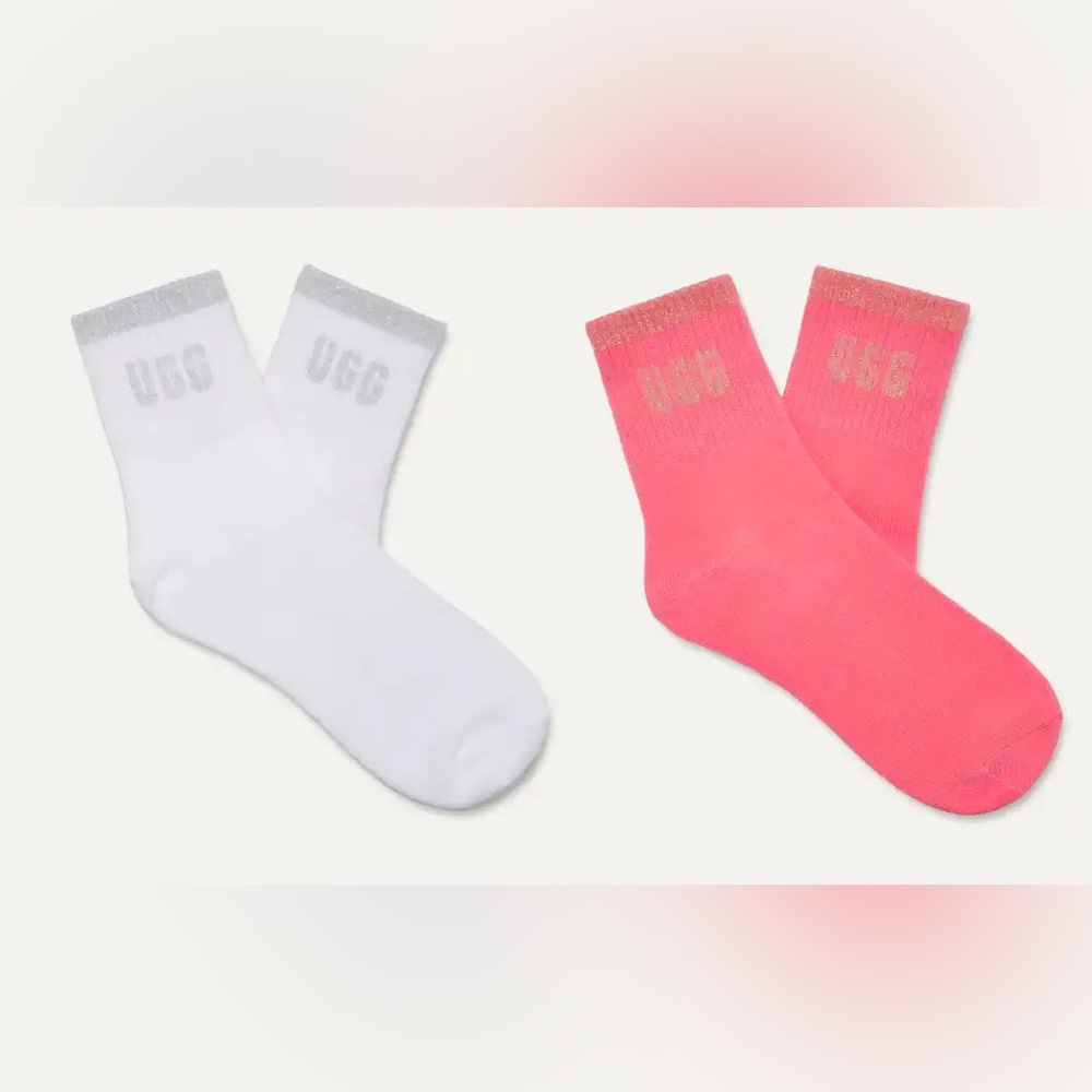 NEW UGG Pink & White Glitter Logo Crew Socks - 2 Pairs - One Size